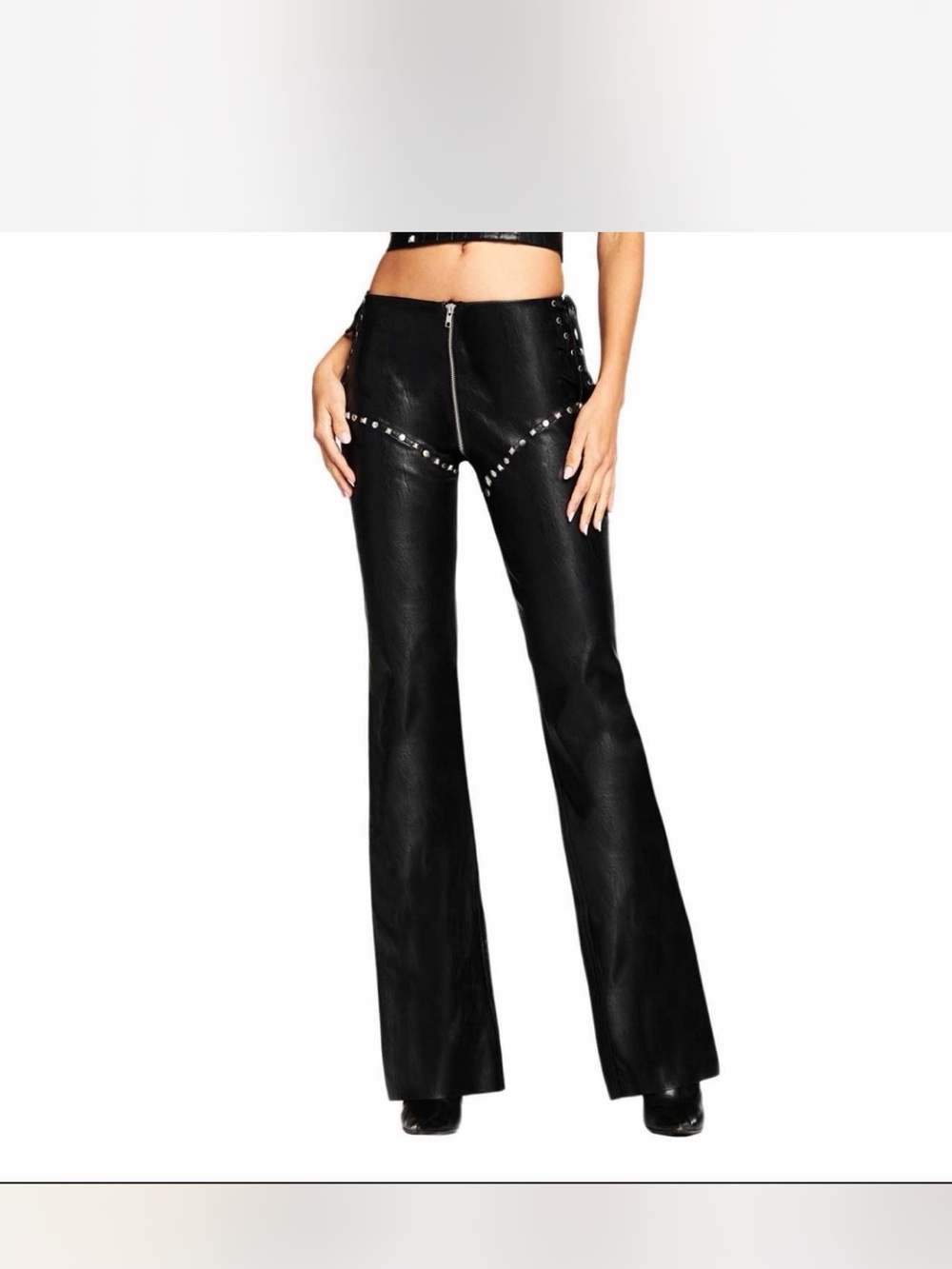 I.AM.GIA Black Faux Leather Flare Pants with Studs Luther
